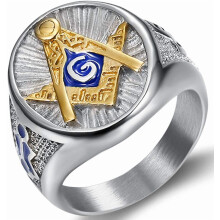 Stainless Steel Masonic Master Mason Ring Blue Gold Two Tone