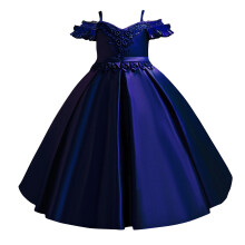 Girls' royal blue princess gown off-shoulder satin ball