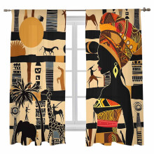 Sheer Curtains African Giraffe Elephant Beige Voile 52"W x