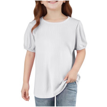 Girls Summer Blouse Puff Sleeve Ribbed Round Neck
