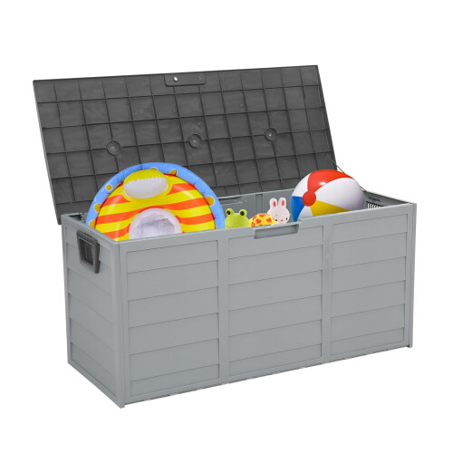 Resin Deck Storage Box Gray 75 Gallon Waterproof on Wheels 1