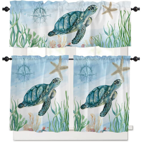 Ocean-Themed Kitchen Curtains Set Blue Sea Turtle Starfish