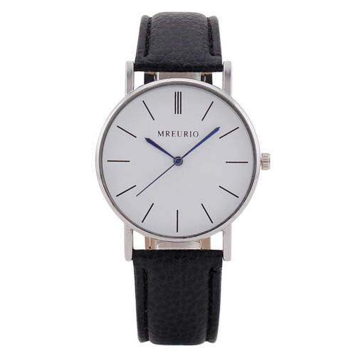 Men's Quartz Watch Silver Case White Dial Leather Strap