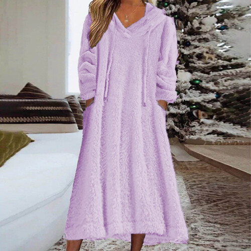 Women's Bathrobe Solid Color with Hood and Pockets Purple 1