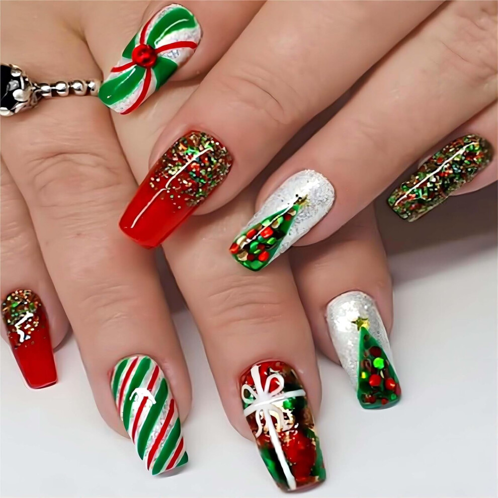 Christmas Press-on Nails Long Coffin 24PCS