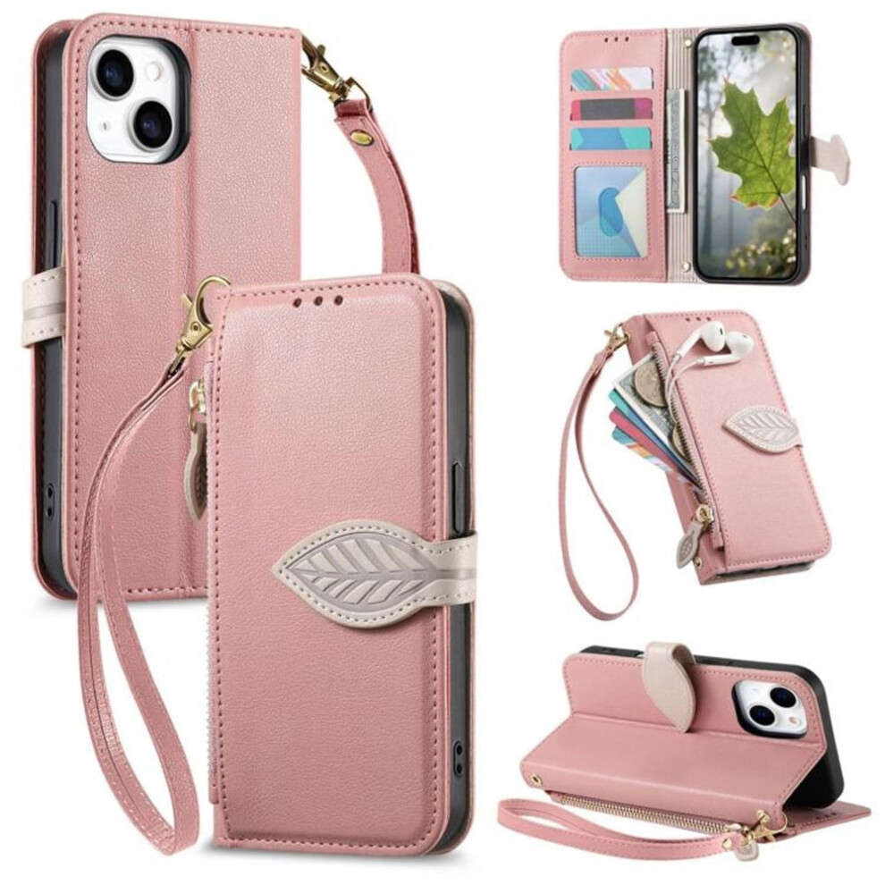 Leather Flip Wallet Case For Iphone 14 With Zipper, Pink 9130661420532