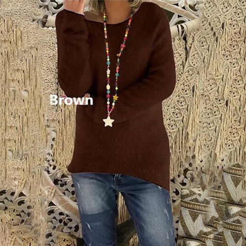Women's Fluffy Fuzzy Sweater Solid Color Long Sleeve Round 1