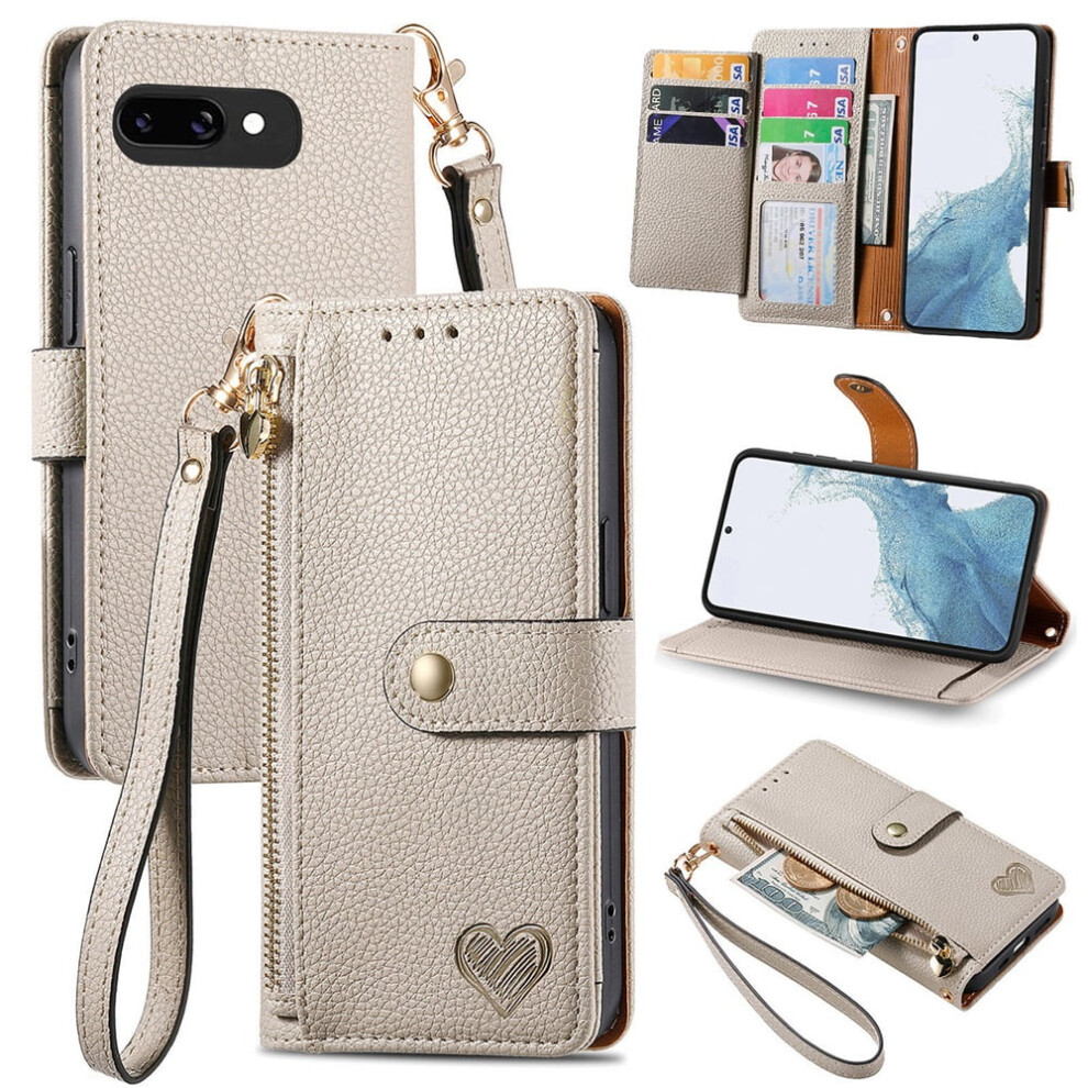 Google Pixel 9A Leather Wallet Case With Zipper Pocket Gray 9170372630707