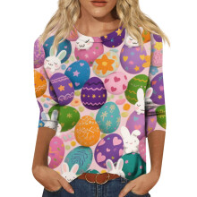 Dames top met paashaasmotief en eierjachtmotief, 3/4 mouwen, ronde hals, maat S-3XL