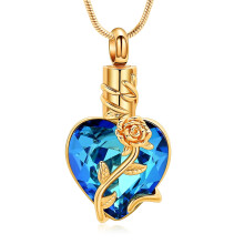 Rose Flower Cremation Urn Necklace with Birthstone Heart