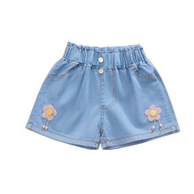 Gonna plissettata in denim per bambina con bordo in pizzo e tasche