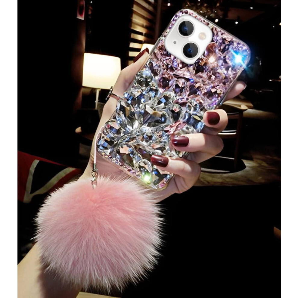 Iphone 14 Bling Case With 3D Rhinestones And Furry Pendant 9165521189366