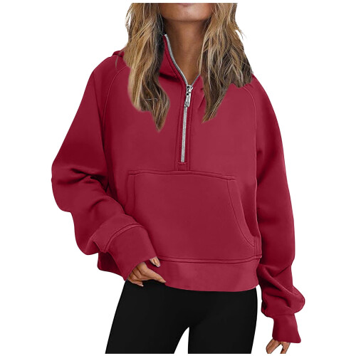 Felpa da donna oversize in pile con mezza zip e cappuccio lungo
