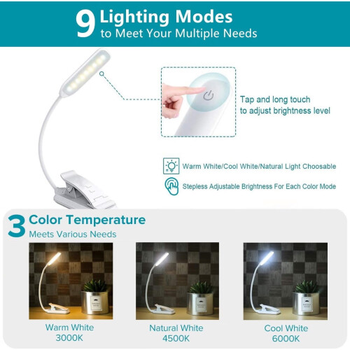 Book Light USB Rechargeable9-LED3Color Temp3Brightness 1