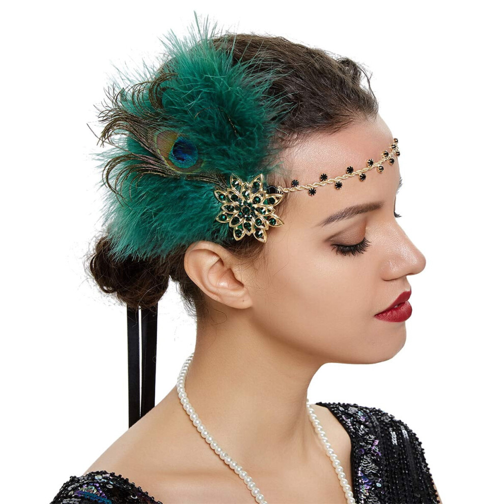Flapper feather headband with crystal flower and peacock