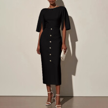 Slim-Fit-Midaxi-Kleid aus Twill mit langen Ärmeln und seitlichem Einsatz