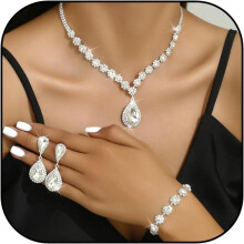 Wedding Jewelry Set Silver Rhinestone Necklace Earrings