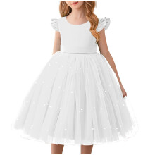 Girls 4-10Y Puffy Tulle Dress Cap Sleeve with Pearl Bow Elegant Party Formal Gown