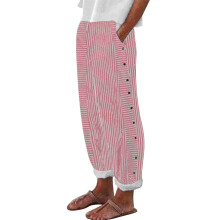 Women's White Cotton-Linen Capris Striped High Waist XXL