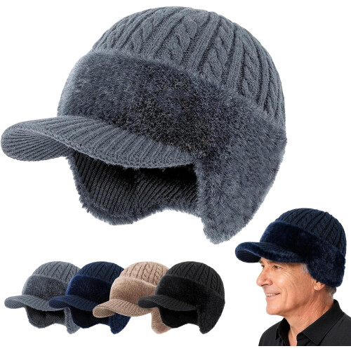 Baseball Beanie Fur-Lined Warm Knitted Hat with Ear Flaps