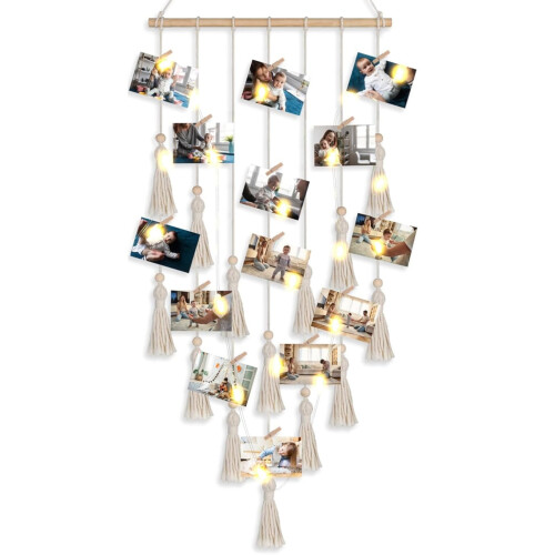 Boho Wall Hanging Picture Frame with Lights and 20 Clips