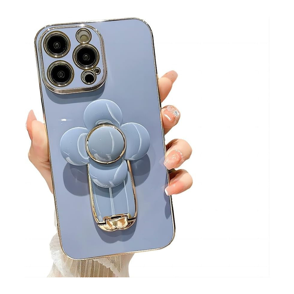 Iphone 14 Plus Electroplated 3D Flower Kickstand Case Blue 9101399806349
