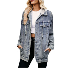 Women's Denim Jacket with Detachable Hoodie and Pockets