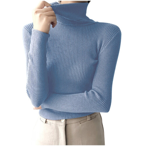 Women's Ribbed Turtleneck Sweater Long Sleeve Solid Slim Fit