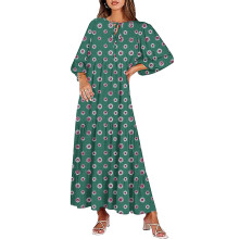 Women's Bohemian Maxi Dress V Neck Puff Sleeve
