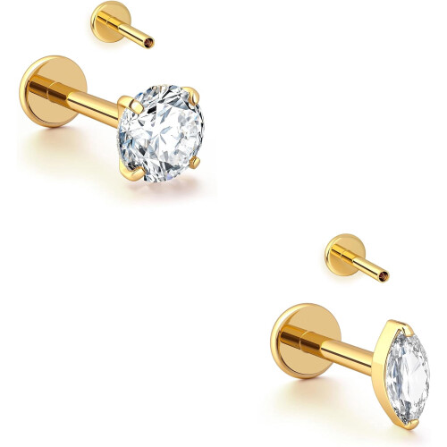 Gold Stud Earrings 16G Flat Back Titanium Internal Thread