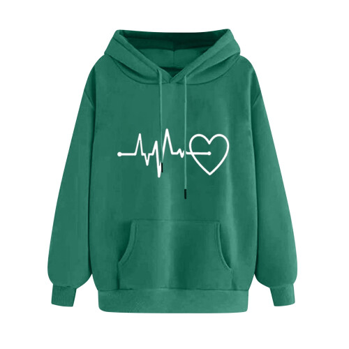 Women's Heart-Printed Zip-Up Hoodie Long Sleeve Pullover