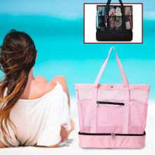 Mesh Beach Bag with Cooler Pink Large Tote