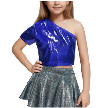 Girls' one-shoulder short sleeve shiny dance crop top