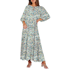 Women's Bohemian Maxi Dress V Neck Puff Sleeve