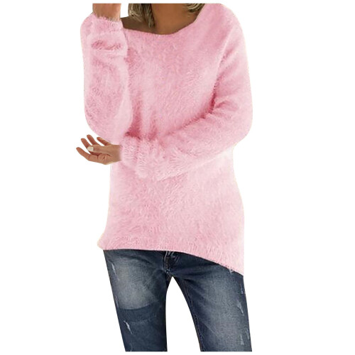 Women's fluffy fuzzy sweater solid color long sleeve round