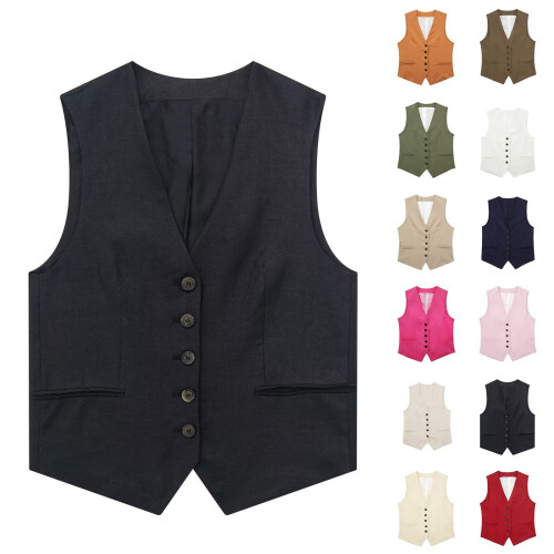 Women's Linen Blend Vest Jacket Red 2