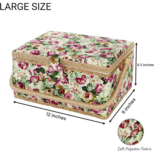 Sewing Basket Box with Removable Tray Rose Floral Print 1
