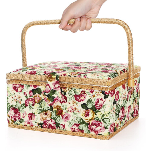 Sewing Basket Box with Removable Tray Rose Floral Print 2