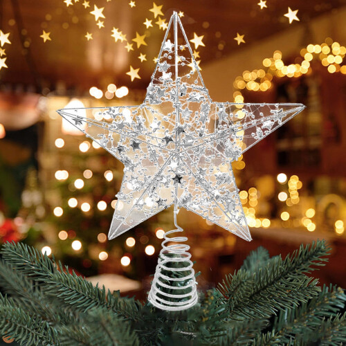 Lighted Star Tree Topper Metal Iron Silver Built-in Lights