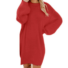Women's Fleece Dress Round Neck Loose Fit Solid Red 2XL