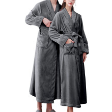 Women's Terry Cloth Flannel Bathrobe Grey Double Pockets