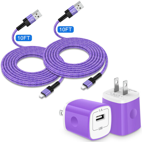 2-Pack USB Charger Block & 10ft Cables, Compatible with iPhone 14/13