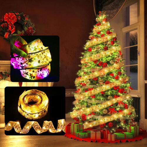 Gold 49ft 150-LED Ribbon Lights Warm White Battery Operated