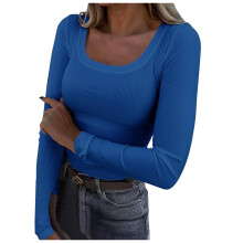 Women's Square Neck Long Sleeve Ribbed Knit Top Blue M
