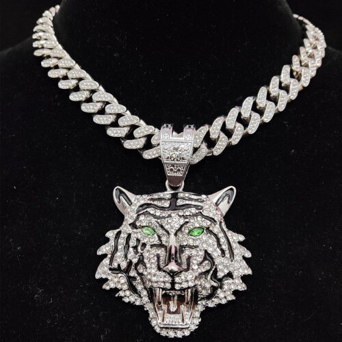 Κολιέ Hip Hop Tiger με κρυστάλλινη κουβανέζικη αλυσίδα 13 χιλιοστών