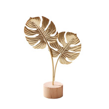 Metal Golden Leaf Ornament with Wooden Base