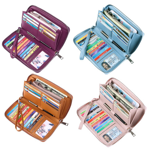 Women's leather wallet with RFID blocking and zip clutch