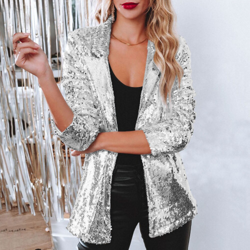 Women's sequin blazer jacket long sleeve glitter party coat 1