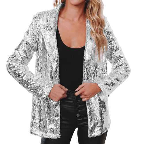 Women's sequin blazer jacket long sleeve glitter party coat 2