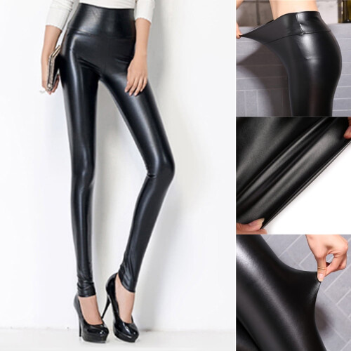 Dameslegging van imitatieleer met hoge taille en stretch 1